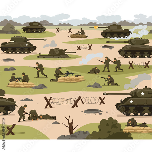 Dynamic battlefield illustration with soldiers and armored vehicles engaged in strategic combat