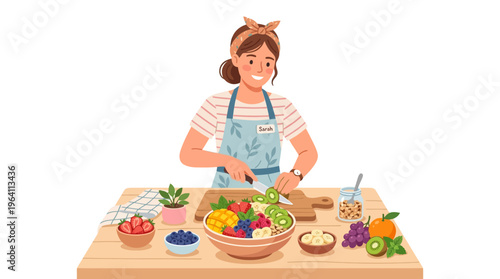 Woman preparing healthy fruit salad in kitchen.