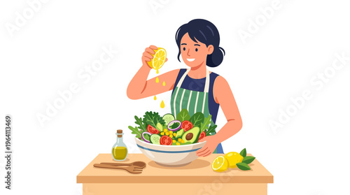 Woman preparing healthy salad with fresh ingredients.