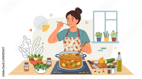 Woman tasting delicious soup from pot on stove.