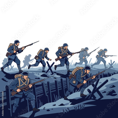 Vector illustration of infantry soldiers charging across a trench-filled battlefield during conflict
