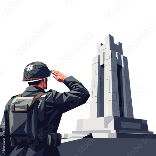 Soldier in uniform saluting a majestic monument, a solemn vector artwork of remembrance and honor.