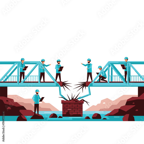 Engineers inspecting a structurally damaged bridge over a river, assessing repair needs. Vector illustration.