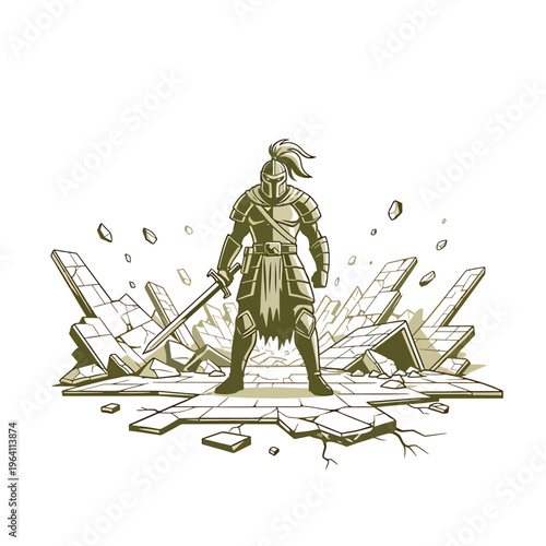 Formidable Warrior Standing Amidst Shattered Ruins: A Powerful Vector Illustration of Strength and Triumph