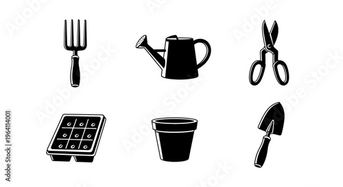 Gardening Tools Set Icons: Fork, Watering Can, Scissors, Seed Tray, Pot, Trowel