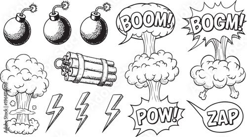 Comic Style Explosive Icons Set with Bombs, Lightning, and Action Words for Pop Art, Comics, and Graphic Design Projects