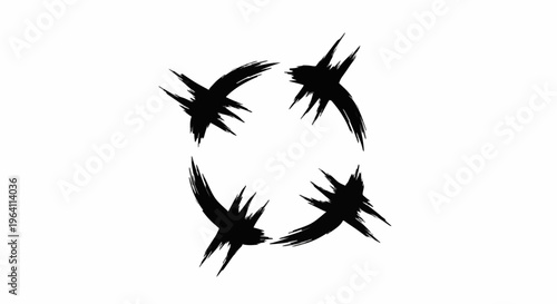 Four stylized bird silhouettes fly clockwise in a continuous black circle against a white background, viewed from a graphic viewpoint