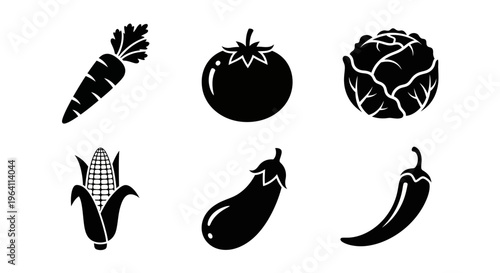 Set of Black and White Vegetable Icons: Carrot, Tomato, Cabbage, Corn, Eggplant, Chili Pepper