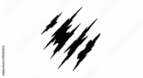 Dynamic diagonal arrangement of seven jagged black lightning marks on white background, viewed straight on, abstract graphic illustration