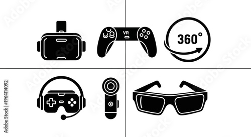 Virtual Reality Technology Icons Set: VR Headset, Game Controller, 360 View, 3D Glasses