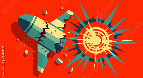 rocket explosion destruction impact broken missile with shattered pieces on vibrant red graphic illustration of crisis.