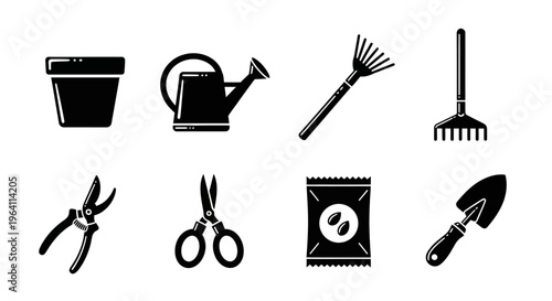 Gardening Tools Set Silhouette: Pot, Watering Can, Rake, Trowel, Scissors, Secateurs, Seed Packet