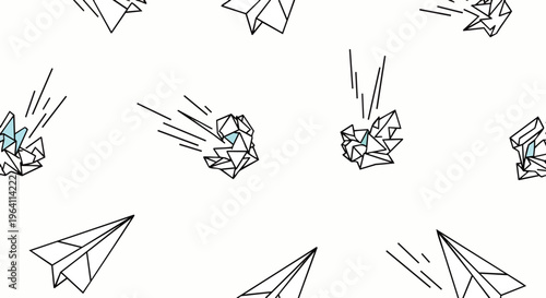 seamless pattern of geometric paper airplanes flying and breaking into abstract fragments on a clean white background illustrating disruption and new ideas