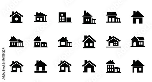 Collection of Diverse House Icons: Residential Buildings, Real Estate Symbols, Modern and Traditional Homes