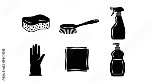 Cleaning Supplies Icons: Sponge, Brush, Gloves, Spray Bottle, Rag, Detergent