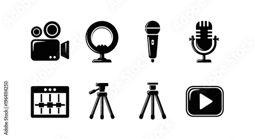 Video Production Icons: Camera, Ring Light, Microphones, Mixer, Tripods, Play Button