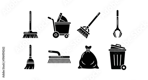 Cleaning supplies icons set, vector illustration of tools for housekeeping and janitorial services