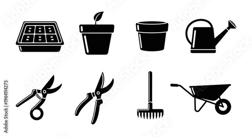 Gardening Tools Icons Set: Planting, Watering, Cutting, Raking, Transporting