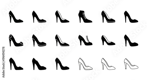Collection of elegant high heel shoes, fashion footwear icons, vector set