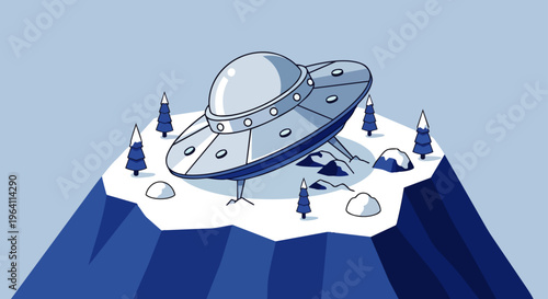 a ufo spaceship crash-landed on a snowy mountain top surrounded by pine trees depicting an alien encounter or arctic exploration scene