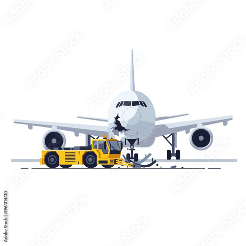 airplane accident on the tarmac a yellow tow truck collision causing significant aircraft damage during an airport ground mishap.