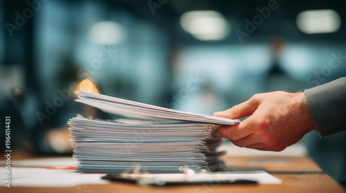 AI vs. Paper: Conceptual shot of traditional legal paperwork being handled by a professional, Generative AI