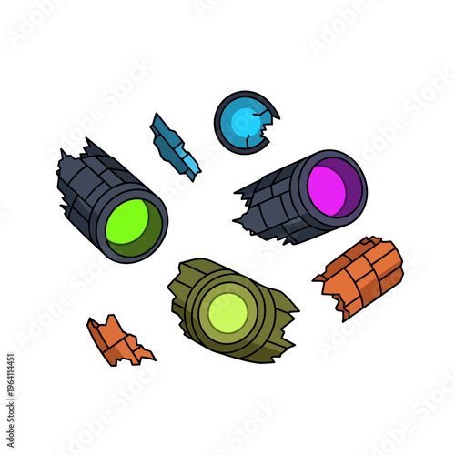 spaceship wreckage and broken technology from a ufo crash presented in colorful glowing flat design ideal for digital art or plane accident concepts.