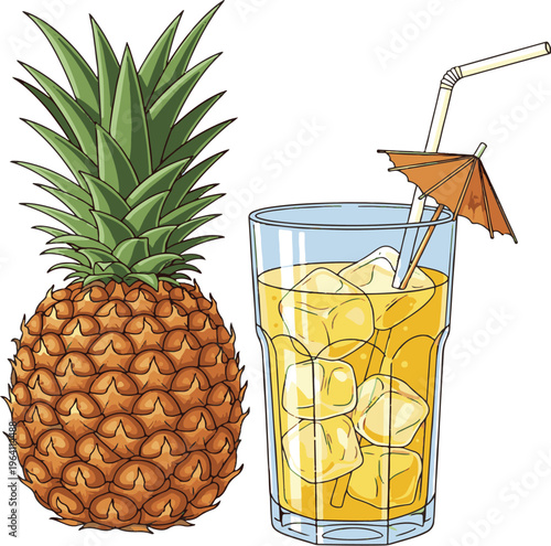Fresh pineapple juice served in a glass with a pineapple slice on the side Vector
