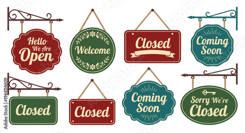 Collection of vintage-style business signs displaying various messages like open, closed, welcome, and coming soon announcements for stores and shops