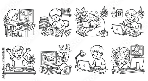 Kids engaged in remote learning and virtual activities, using laptops and tablets. Children interacting digitally, developing skills and enjoying screen time in a modern educational setting.