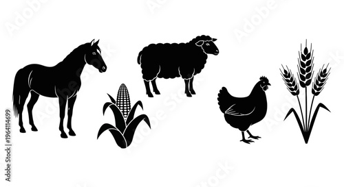 Black silhouettes of farm animals and plants.
