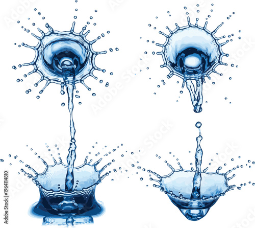 Two illustrations of water droplets forming and falling from a faucet with splashing effects Vector