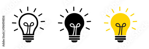 Light Bulb Icon, Idea Symbol for Innovation, Creative Thinking and Solution Concept, Electric Lamp, Inspiration and Brainstorm Icon Set