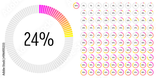 Set of circle percentage progress bar diagrams meters from 0 to 100 ready-to-use for web design, user interface UI or infographic - indicator with gradient from magenta hot pink to cyan blue