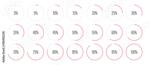 Set of circle percentage progress bar diagrams meters from 0 to 100 ready-to-use for web design, user interface UI or infographic - indicator with red