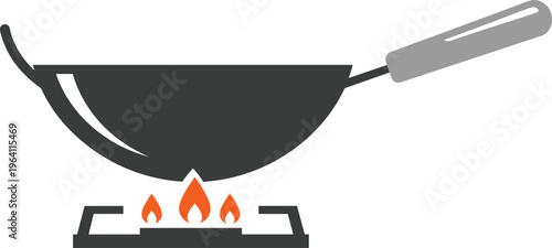 Frying wok pan on gas stove burner flame cad drawing flat vector illustration of asian cooking equipment for restaurant menu and kitchen design