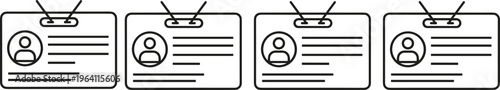 Four identical black and white line art icons of identification badges with employee avatars and text placeholders isolated on a plain white background