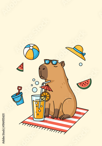 Cute capybara summer picnic with beach items and drink kids illustration flat style