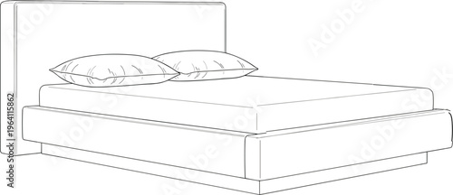 Modern minimalist bedroom furniture line drawing illustration of a contemporary platform bed with headboard and two pillows isolated on white background for interior design