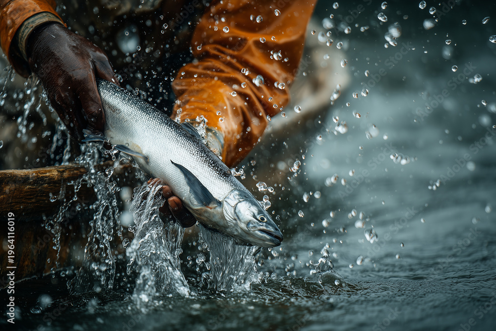 Fototapeta premium Fisherman pulling fresh fish from water with splash dynamic action fishing close up scene