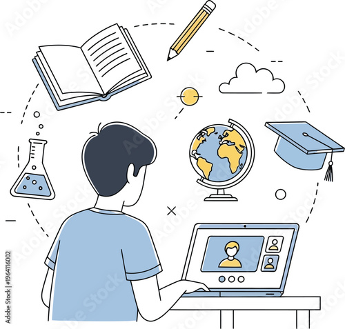 Student learning online with laptop, surrounded by educational icons