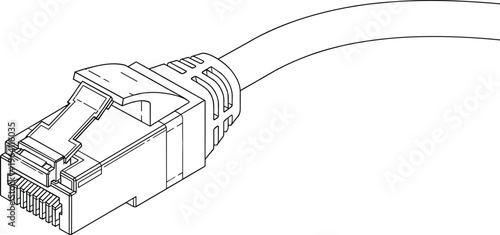 Network ethernet cable RJ45 connector line art illustration of high speed internet lan plug and patch cord for global telecommunications and computer data connectivity
