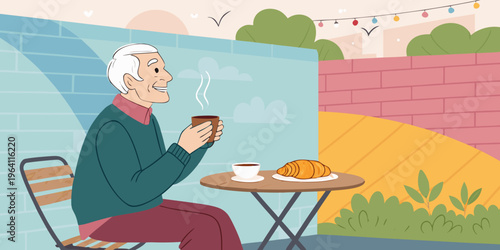 Old man sitting near colorful wall holding hot coffee cup in cartoon vector illustration art style