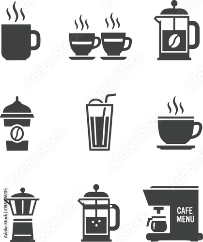 Set of black and white vector silhouette icons featuring coffee shop and cafe symbols including espresso cups french press coffee maker and beverage elements.