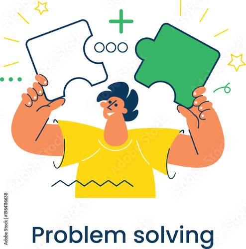 Illustration depicting a person solving problems using puzzle pieces and technology