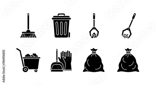 Cleaning Tools and Waste Management Icons: Broom, Dustbin, Tongs, Cart, Gloves, Bags