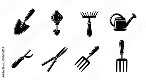Gardening Tools Icons Set: Trowel, Rake, Watering Can, Pruners, Fork, Dibber