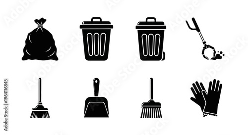 Cleaning Supplies Icons: Trash Bags, Bins, Gloves, Broom, Dustpan, Tongs - Set