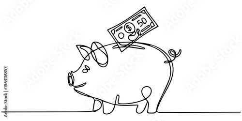 Piggy bank in single line draw illustration. Continuous one line drawing of pig saving money box. Editable stroke.