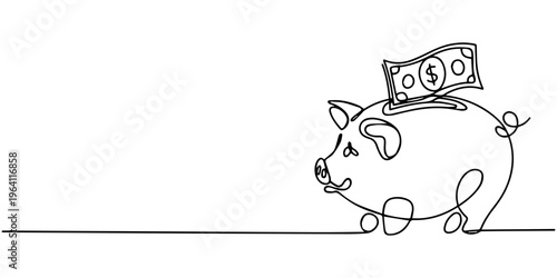 Piggy bank in single line draw illustration. Continuous one line drawing of pig saving money box. Editable stroke.